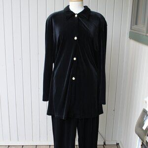 ELIZABETH Black Velvet Velour Dressy Stretch Shirt Pants Outfit 2X Vintage 90's